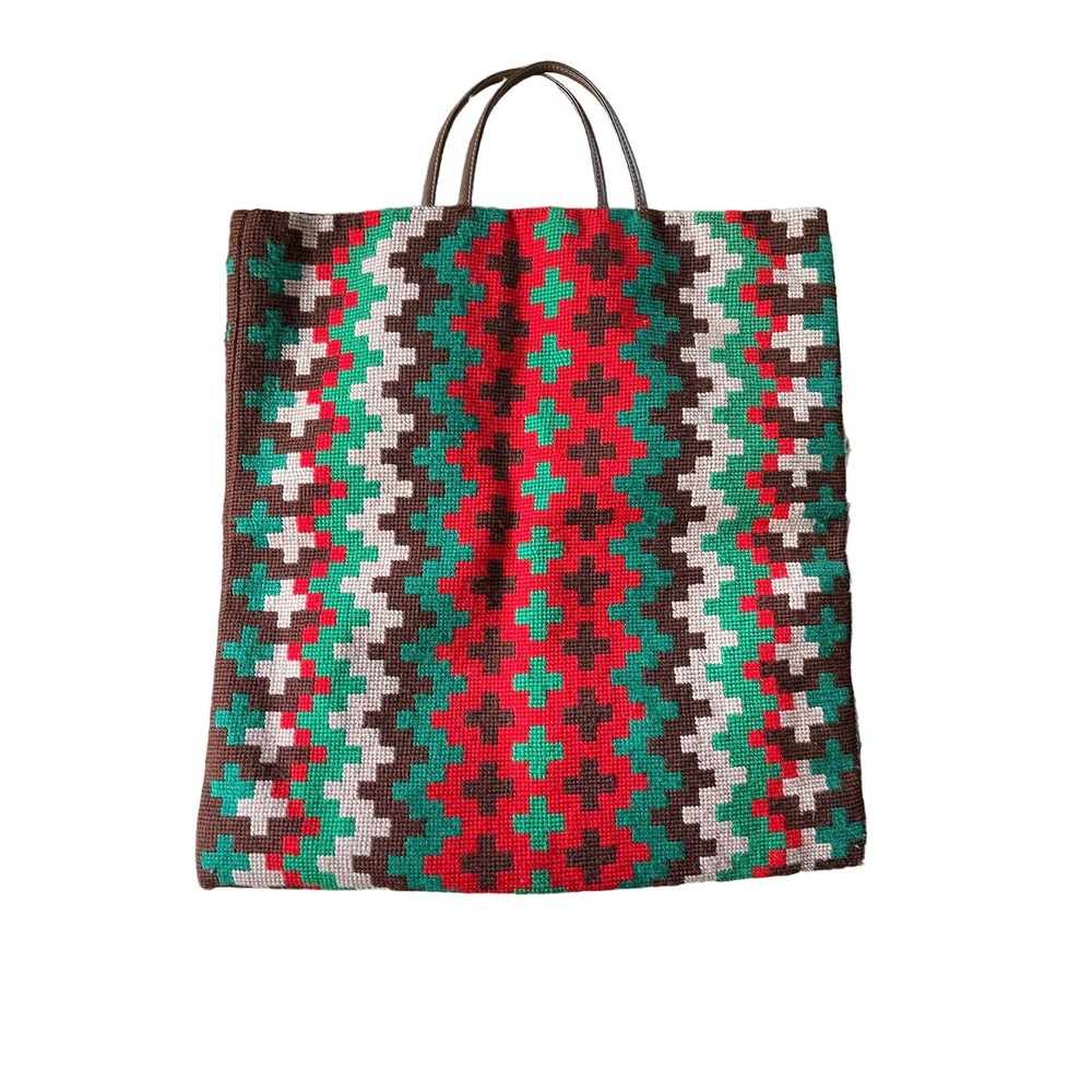 Vtg Large Handmade Southwestern Needlepoint Lined Purse Tote Bag